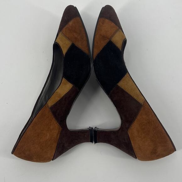 Vintage 90s Jennifer Moore Patchwork Suede Pumps Women Shoes 8.5N Brown Heritage - Picture 6 of 9